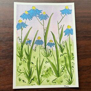 Art Watercolor and Ink Blue Flowers Handmade